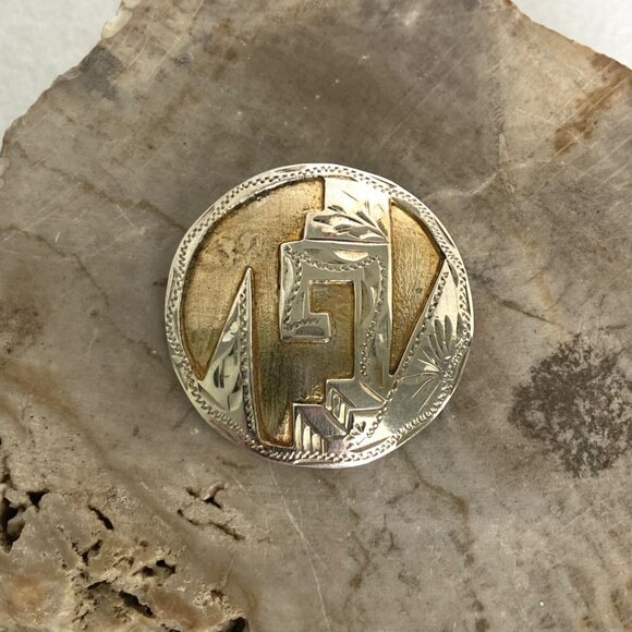 VTG Taxco Mexico Sterling Silver 925 Gold Guild Etched Round Pendant Brooch - Picture 1 of 16
